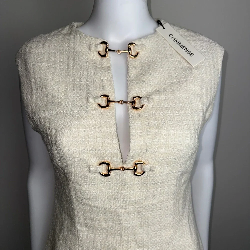 Commense Tweed Mini Dress Sleeveless Gold Buckle Detail Ivory Party Cocktail M‎ - Picture 13 of 17